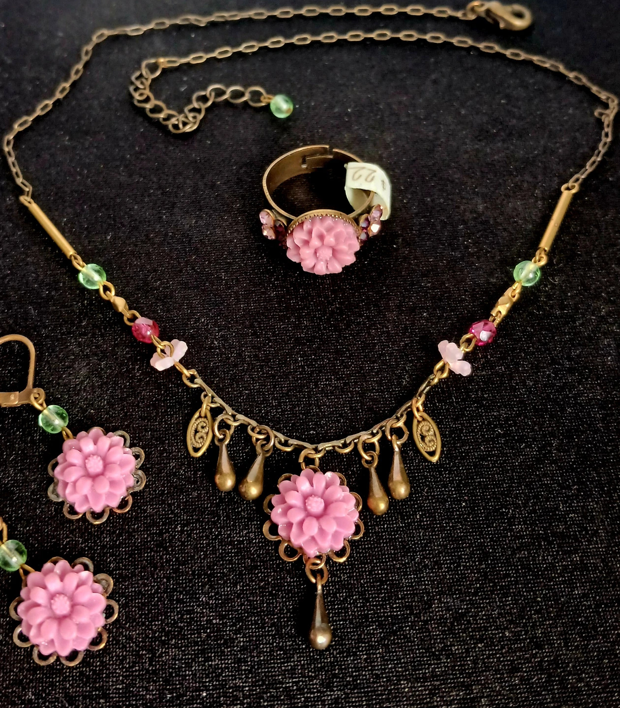 Pink Flower Necklace, Ring, and Earring Set