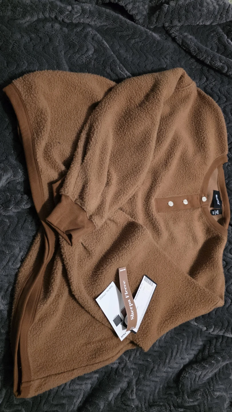 RD Style Sherpa Fleece Henley Top - Brown - S/P