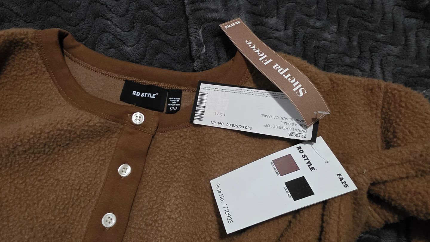RD Style Sherpa Fleece Henley Top - Brown - S/P - photo 3