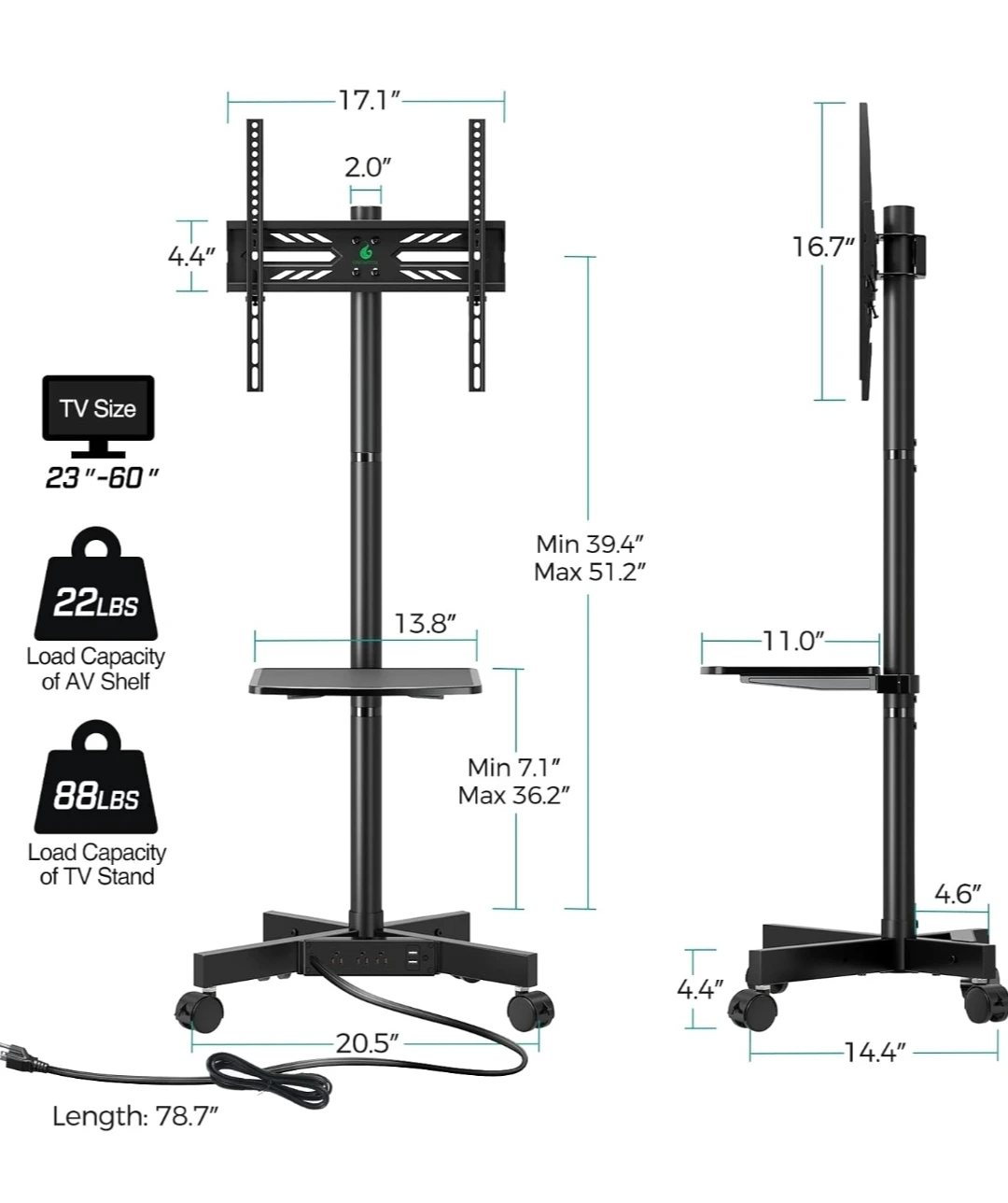 Rolling TV Stand with Adjustable Shelf - photo 2