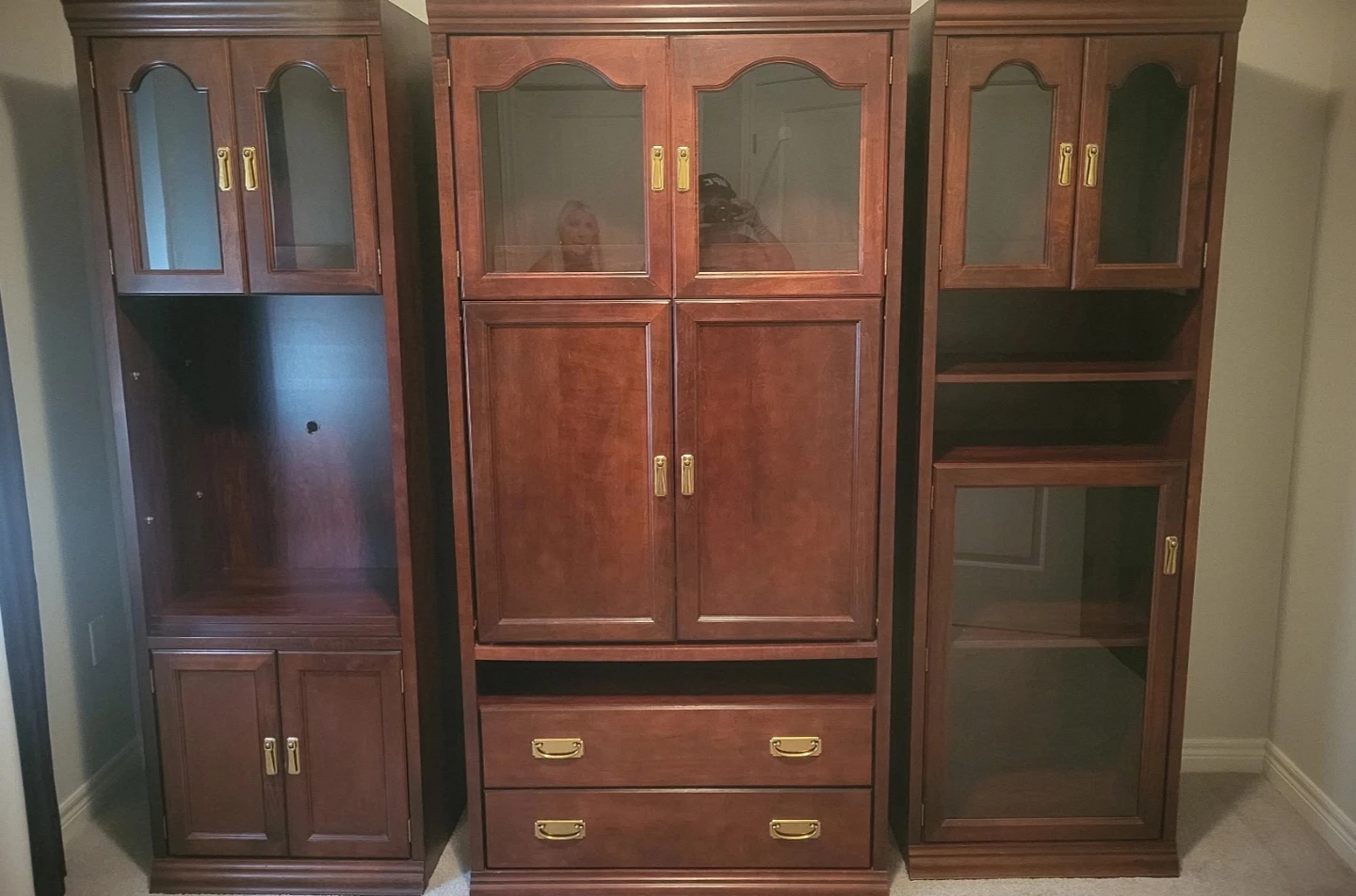 Wooden Entertainment Unit with Glass Doors and Drawers