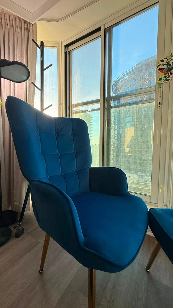 Blue Velvet Accent Chair with Ottoman - photo 4
