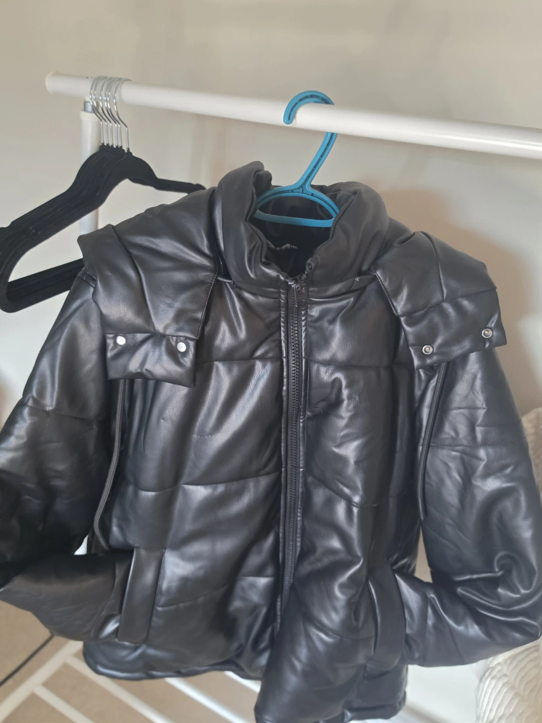 Black Faux Leather Puffer Jacket with Hood - photo 2