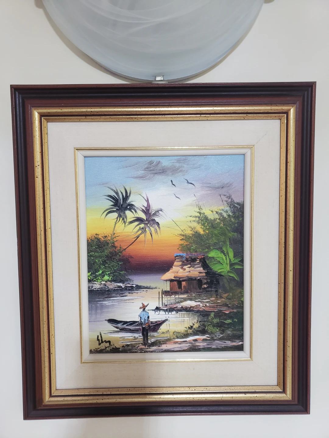 Framed Tropical Sunset Oil Painting