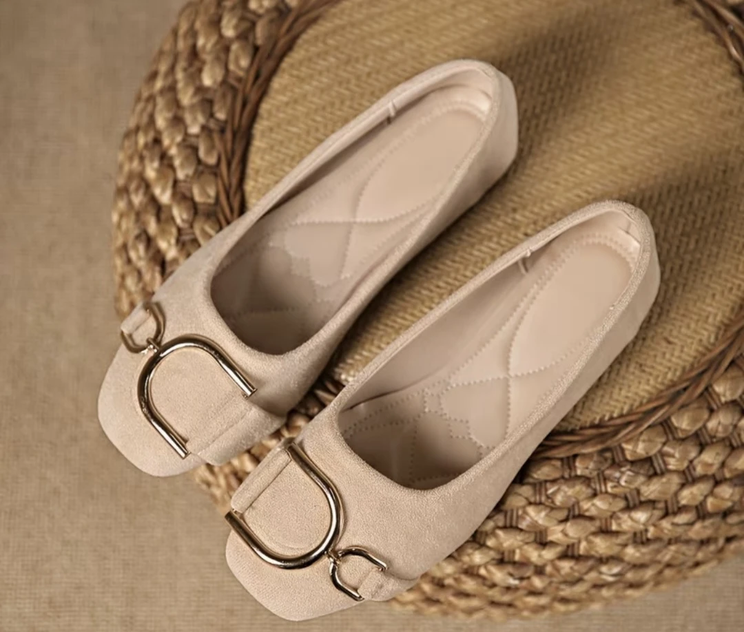 Beige Suede Ballet Flats with Gold Buckle - photo 4