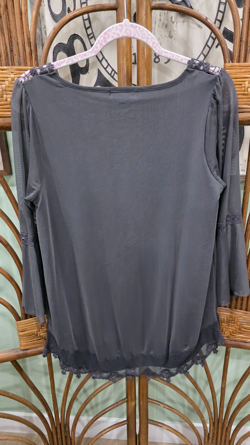 WAREHOUSE ONE Women's Grey Lace Yoke Blouse - photo 4