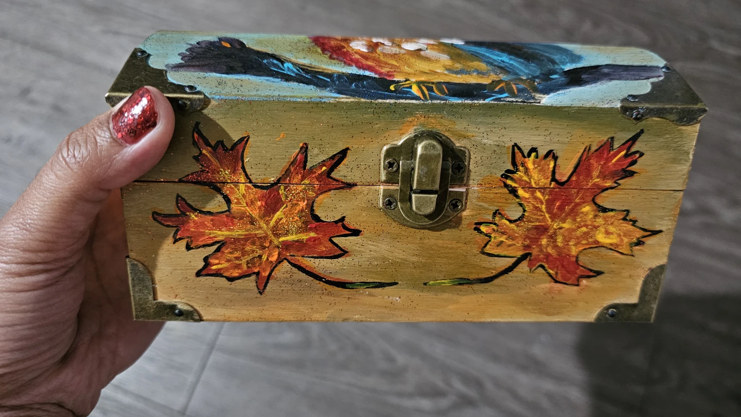 Hand-painted Owl and Maple Leaf Wooden Trinket Box - photo 3
