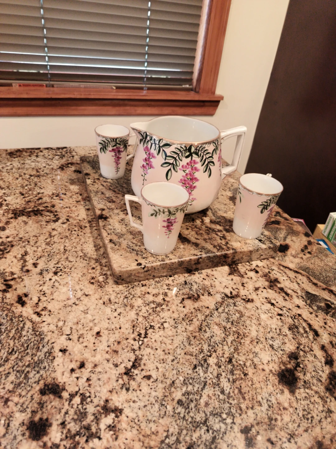 Vintage Pitcher and 4 Cups Set Pink Floral Porcelain