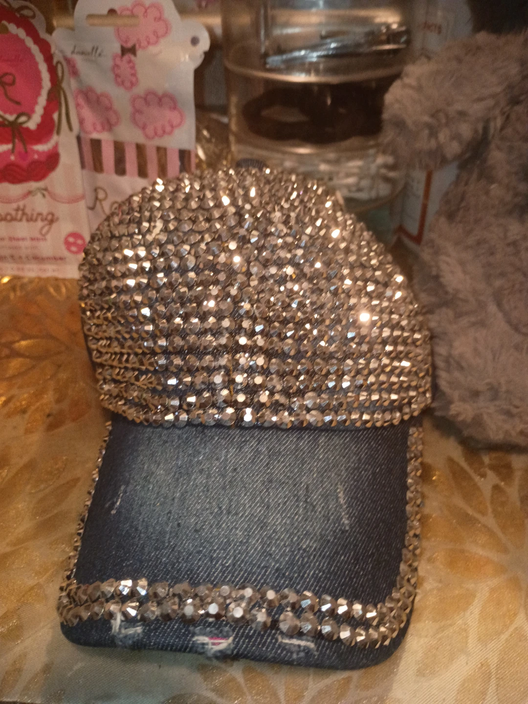 Denim Baseball Cap with Rhinestone Embellishments
