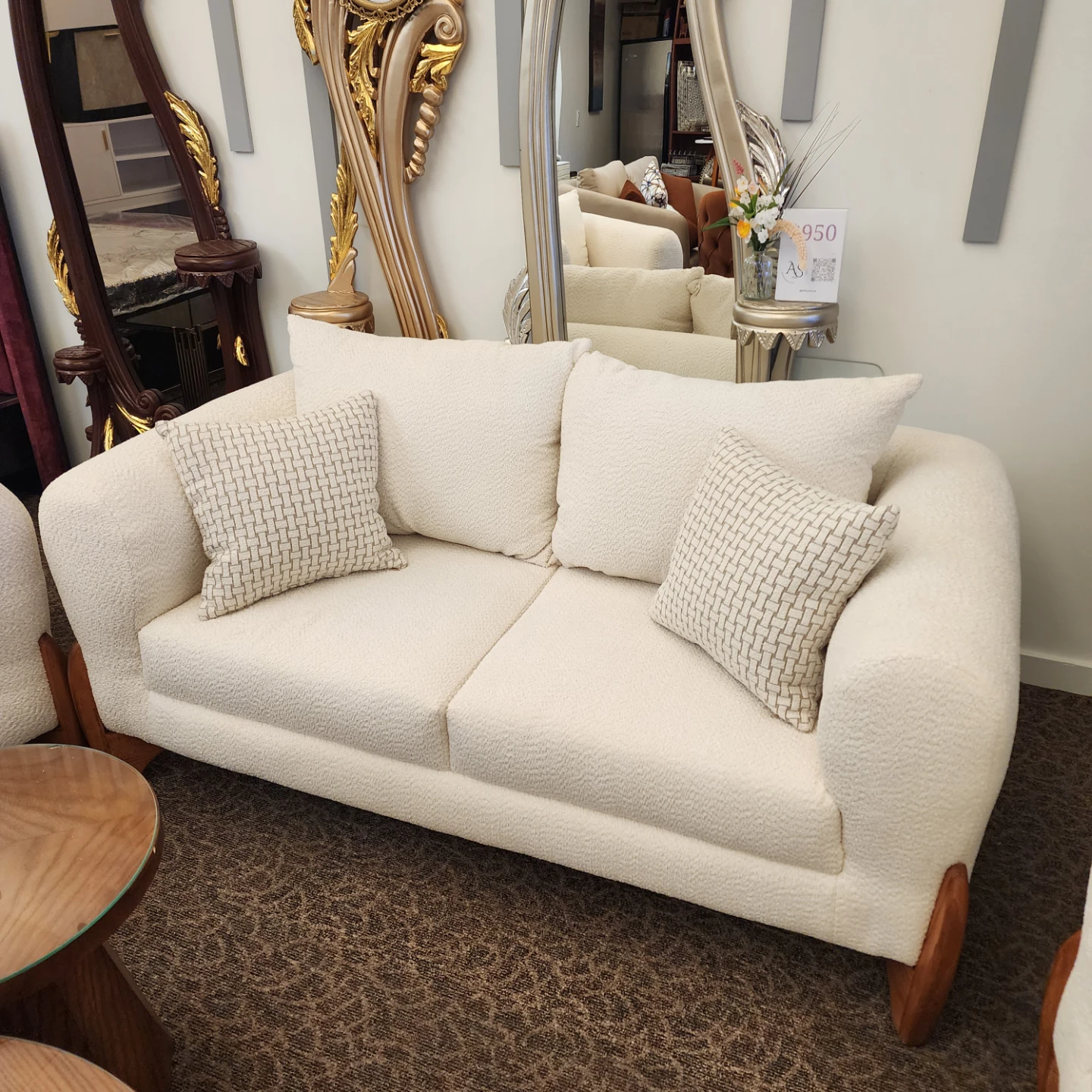 Cream Bouclé Sofa set with Wooden Legs - photo 4