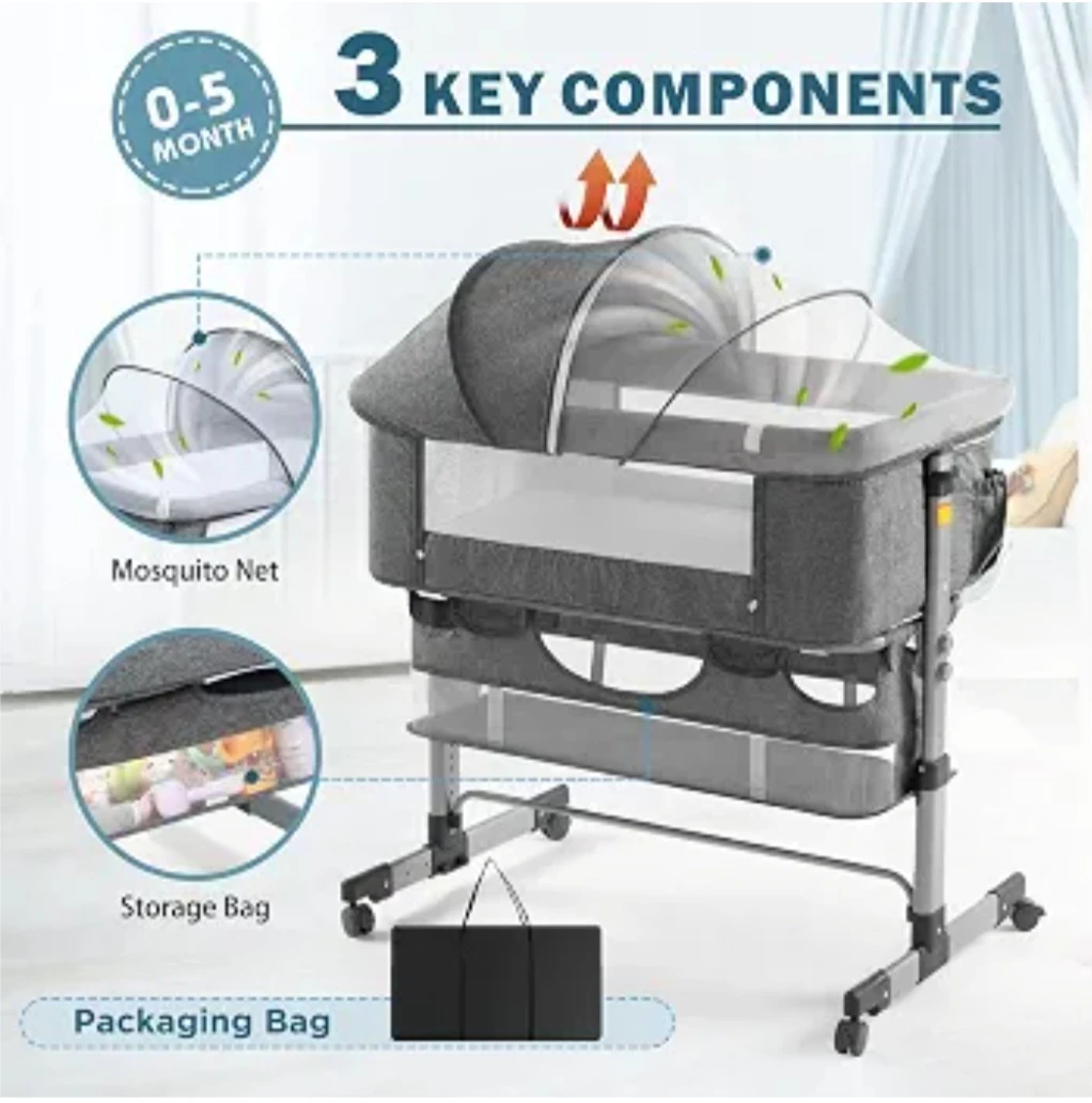 Black and white Baby Bassinet with Mosquito Net and Storage
