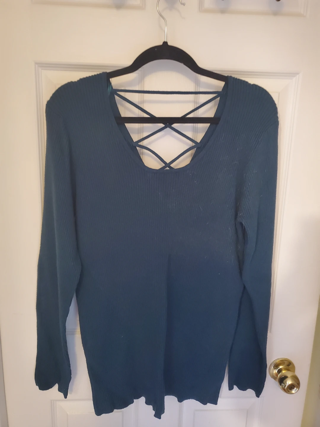 Plus Size Teal Ribbed Long Sleeve Top with Lattice Detail