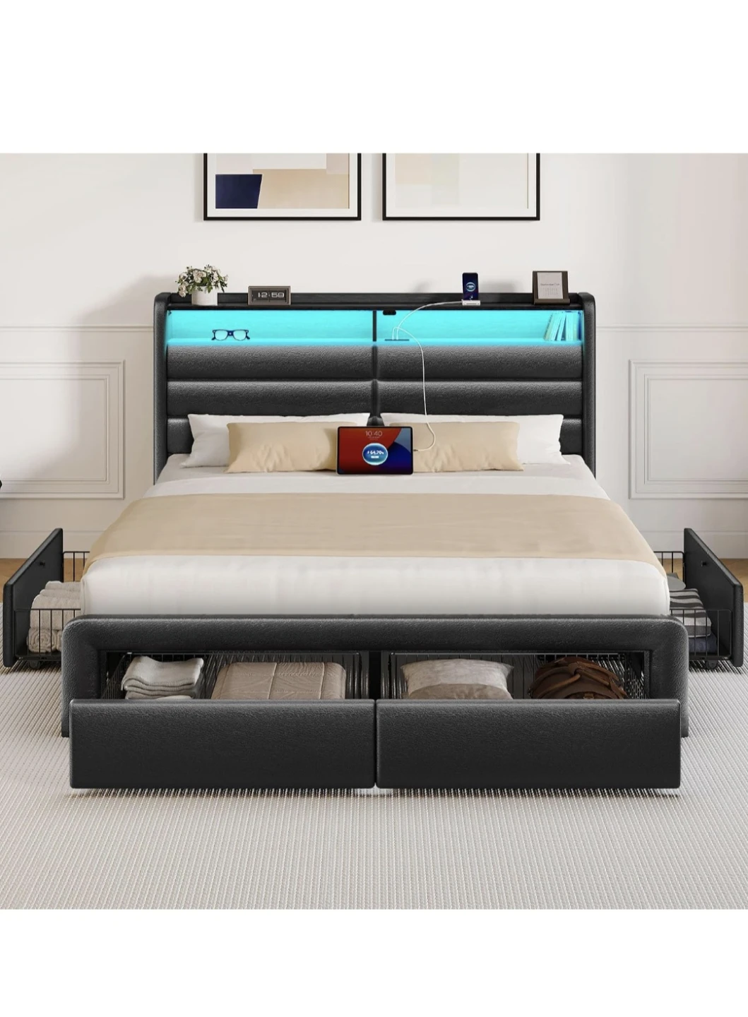 Queen Bed Frame with LED Headboard and Storage Drawers - photo 2