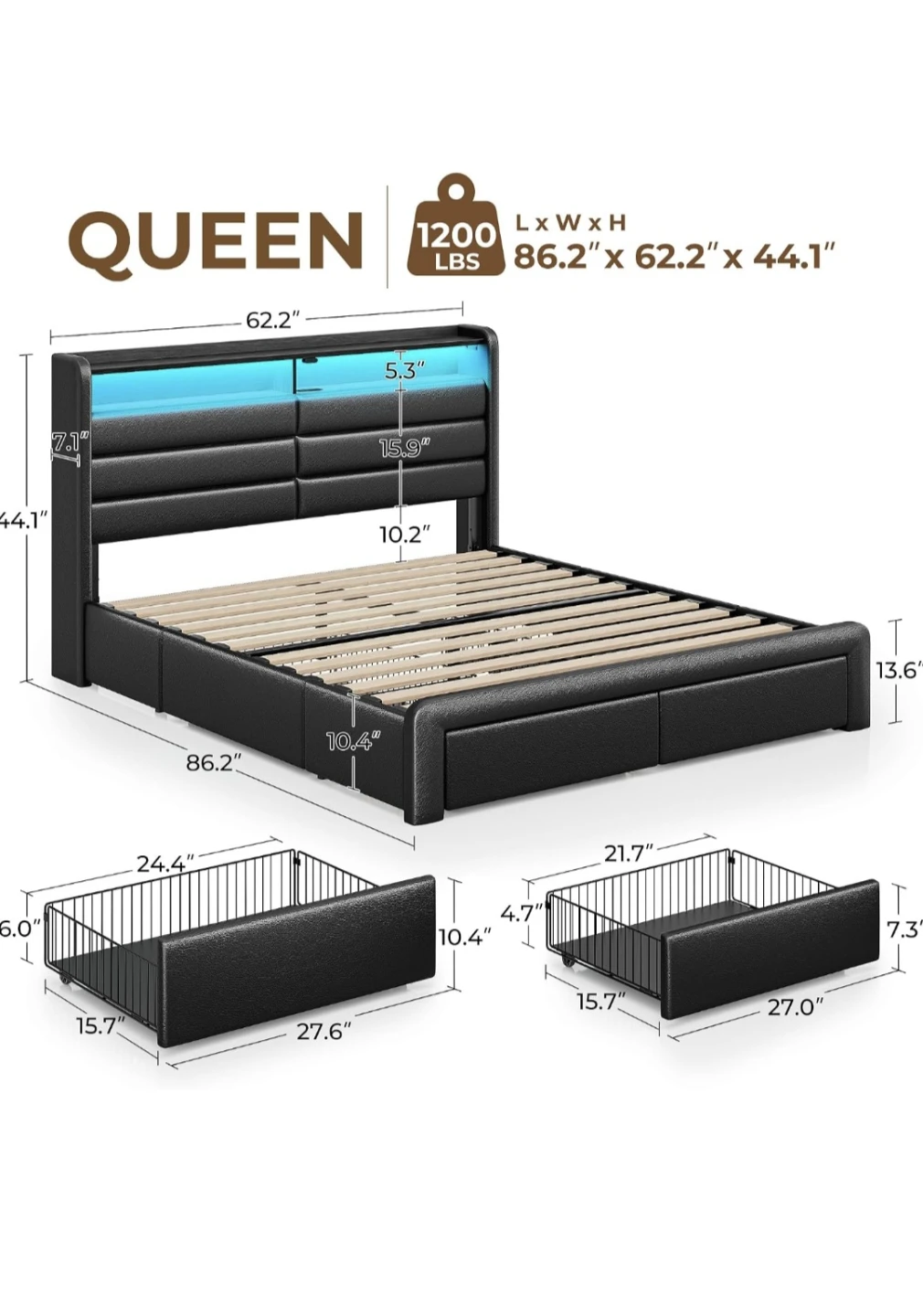 Queen Bed Frame with LED Headboard and Storage Drawers - photo 3