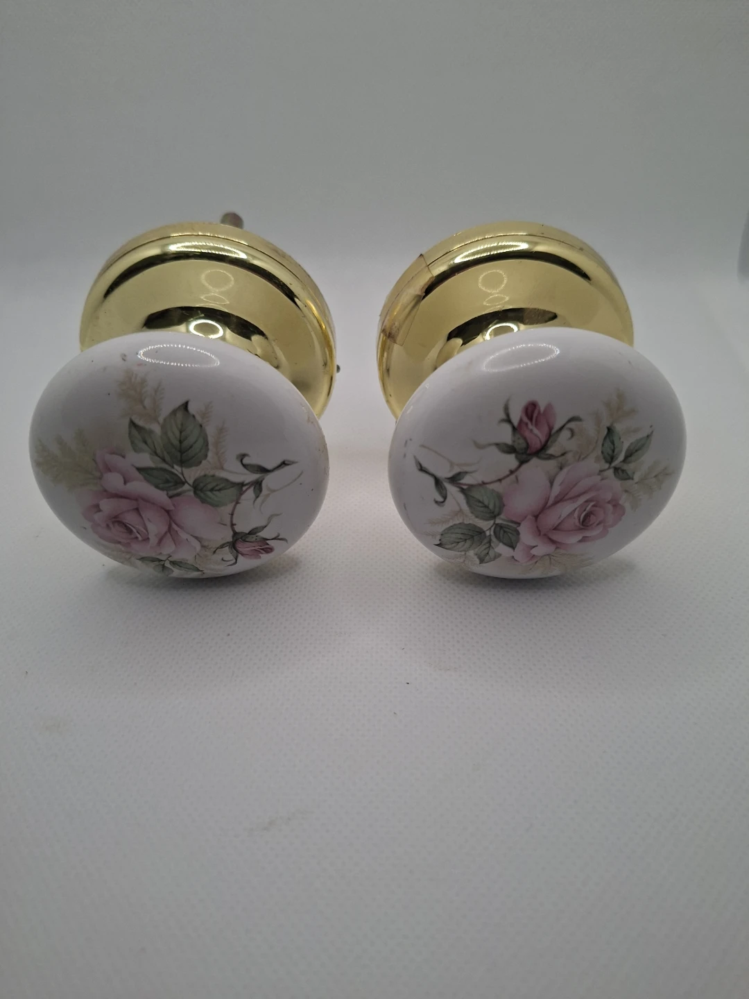 Vintage Floral Porcelain Door Knobs Pair Pink Rose Brass