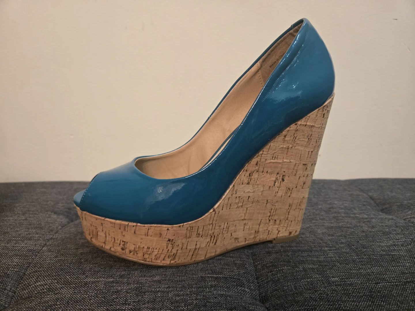 Peep-toe Wedge Heels - Teal Patent