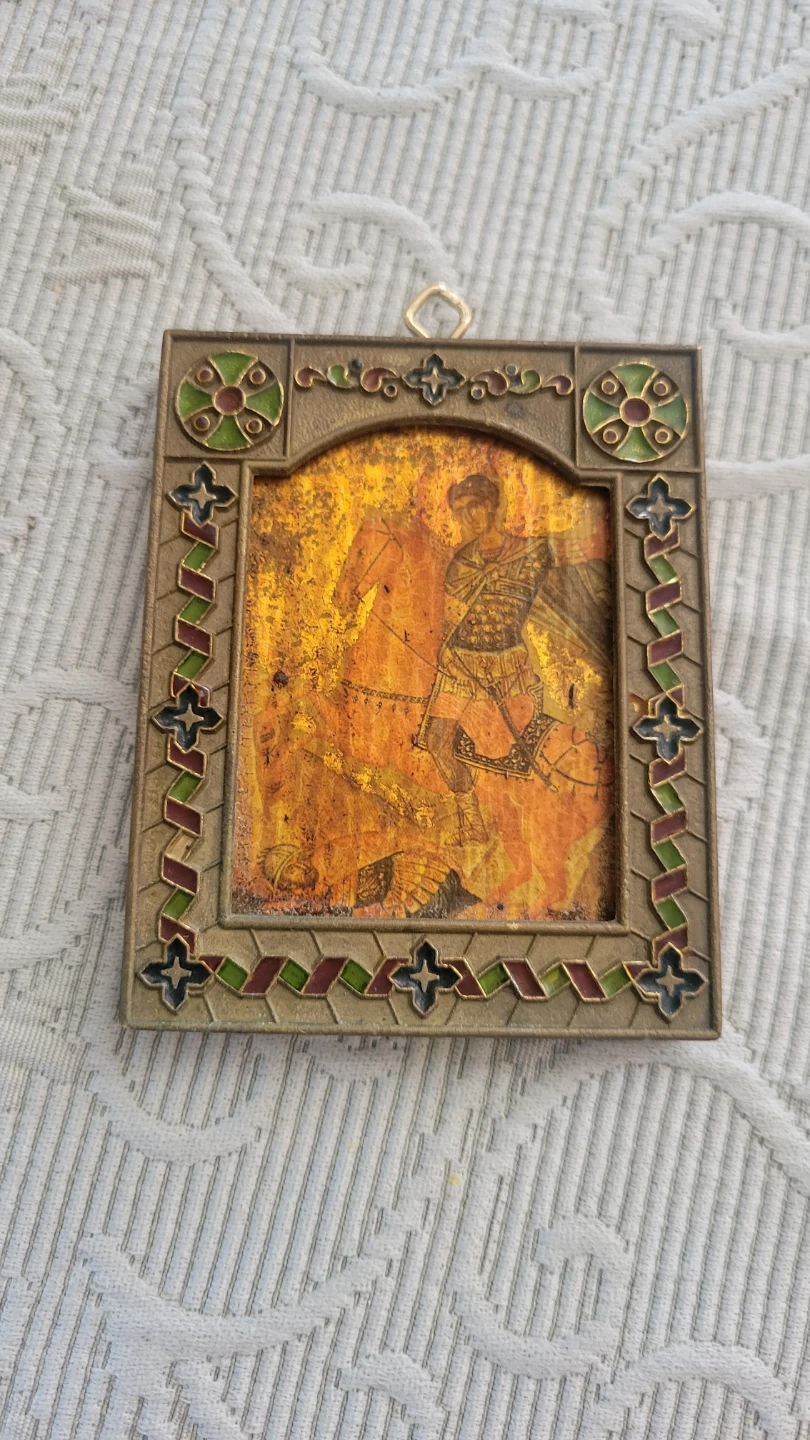 Rare. Greek Saint George and the Dragon Cloisonne Icon Picture
