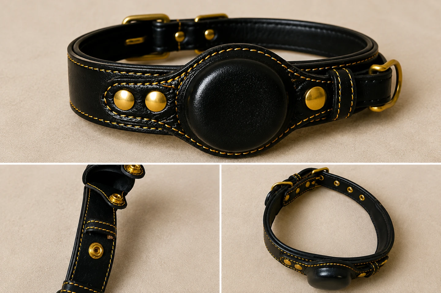 Black Leather Dog Collar with Studs - photo 4