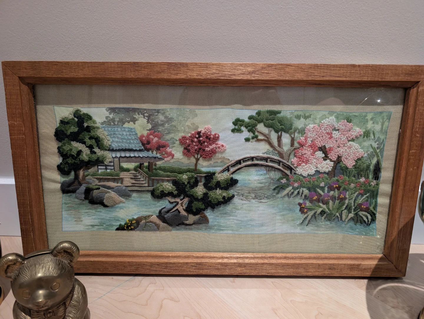 Vintage Oriental Tea Garden crewel framed textile art