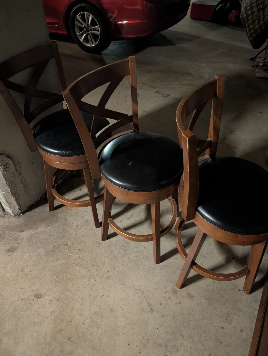 3 Wooden Swivel Bar Stools with Black Seats