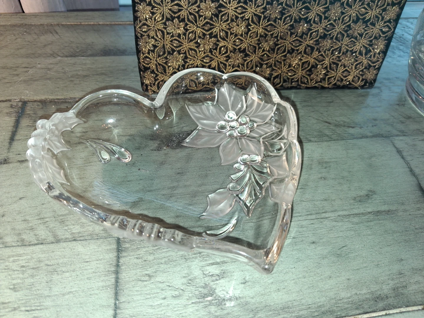 Heart Shaped Glass Dish with Floral Design
