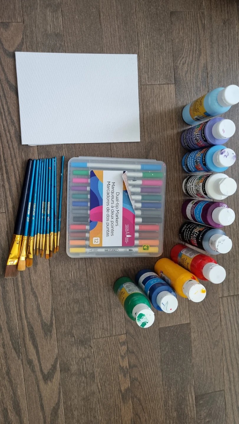 Assorted Art Supplies: Markers, Paints, Brushes and Canvas