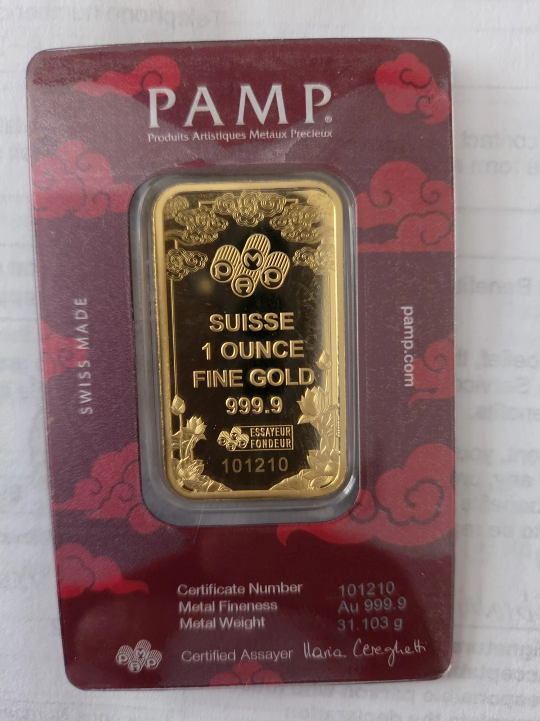PAMP Suisse 1 oz Pure Gold Bar Good Luck Dragon - photo 2