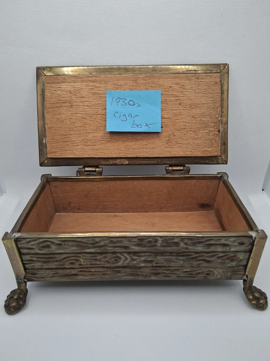 Vintage 1930's Brass & Cedar Wood Lined Cigar Box Humidor