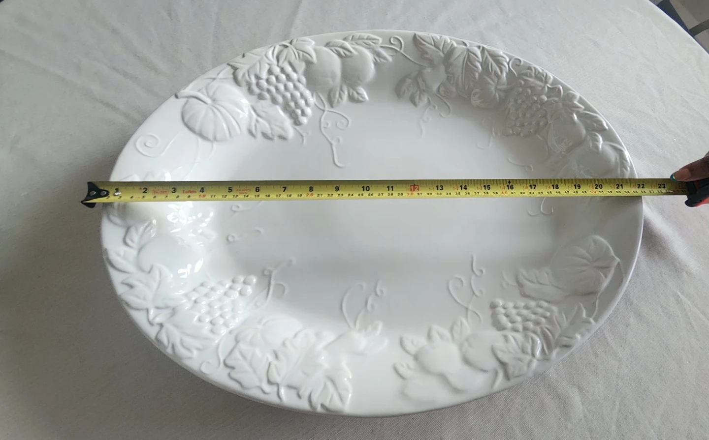 White Oval Platter with Embossed Grapes and Fruit Design - photo 2