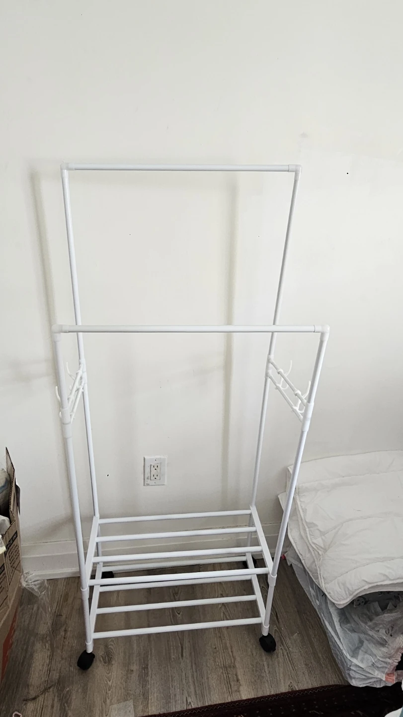 White Metal Garment Rack with Shelves and Wheels
