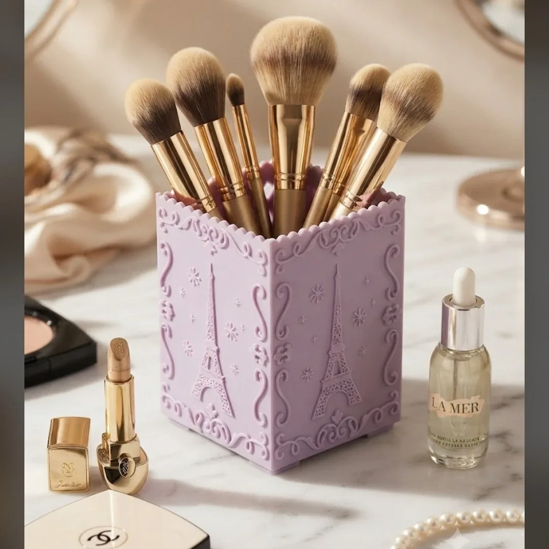 Purple Eiffel Tower organiser brush holder