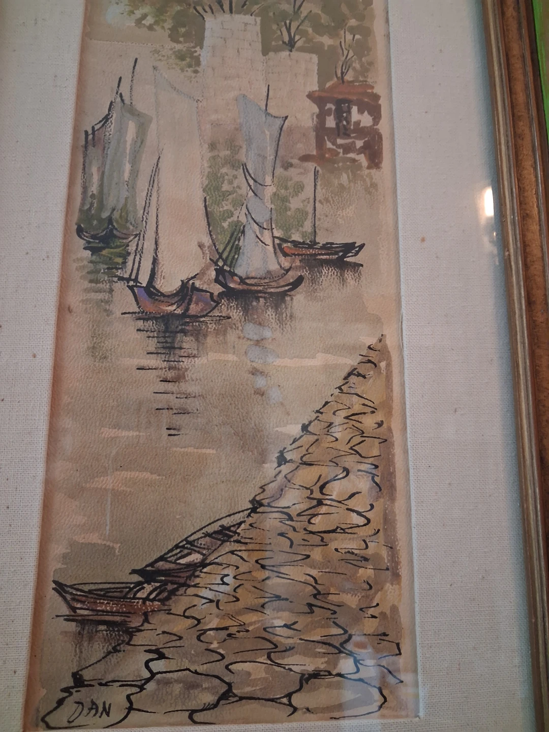 Framed vintage Watercolour Painting of Sailboats by Dan - photo 5