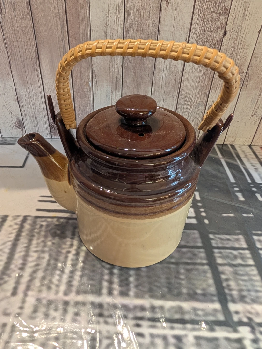Vintage 1970s Stoneware Teapot with Woven Rattan Handle