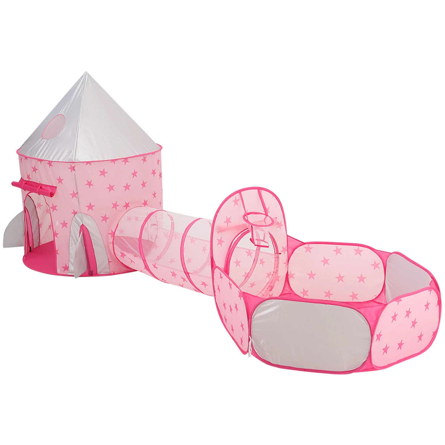 Kids Pink Star Rocket Ship Play Tent with Tunnel and Ball Pit