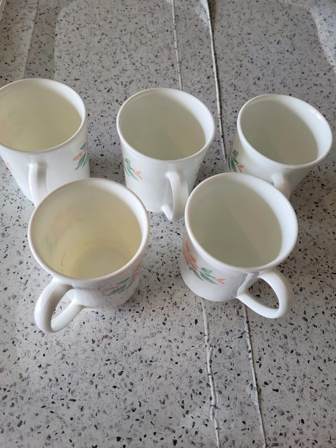 Set of 5 White Mugs with Floral Design