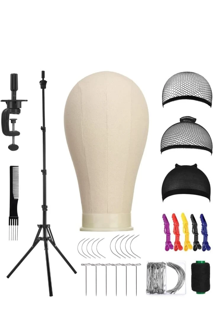 23 Inch Canvas Block Wig Head, Wig Stand Tripod with Head,