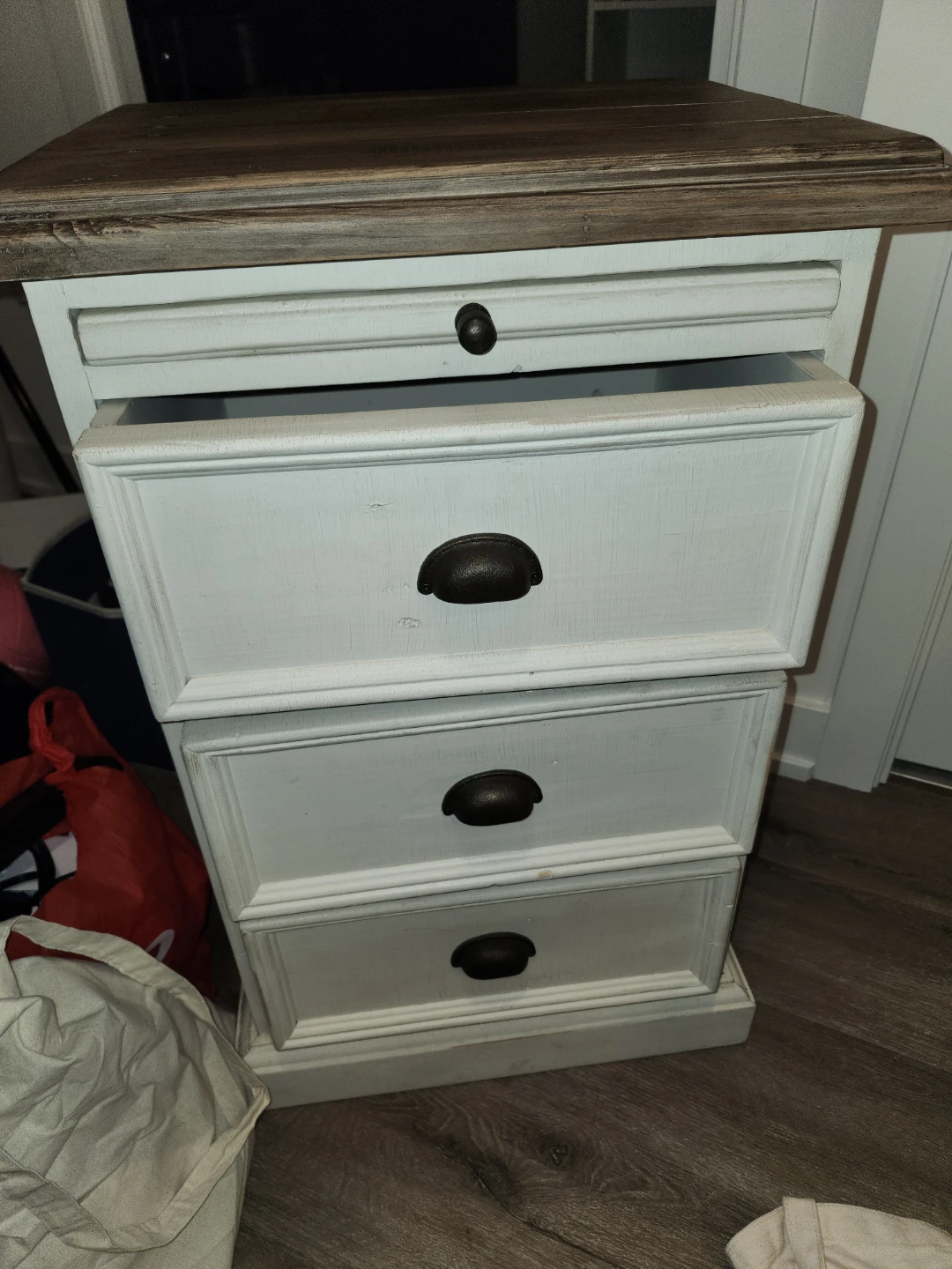 White three drawer nightstand with wooden top - photo 2