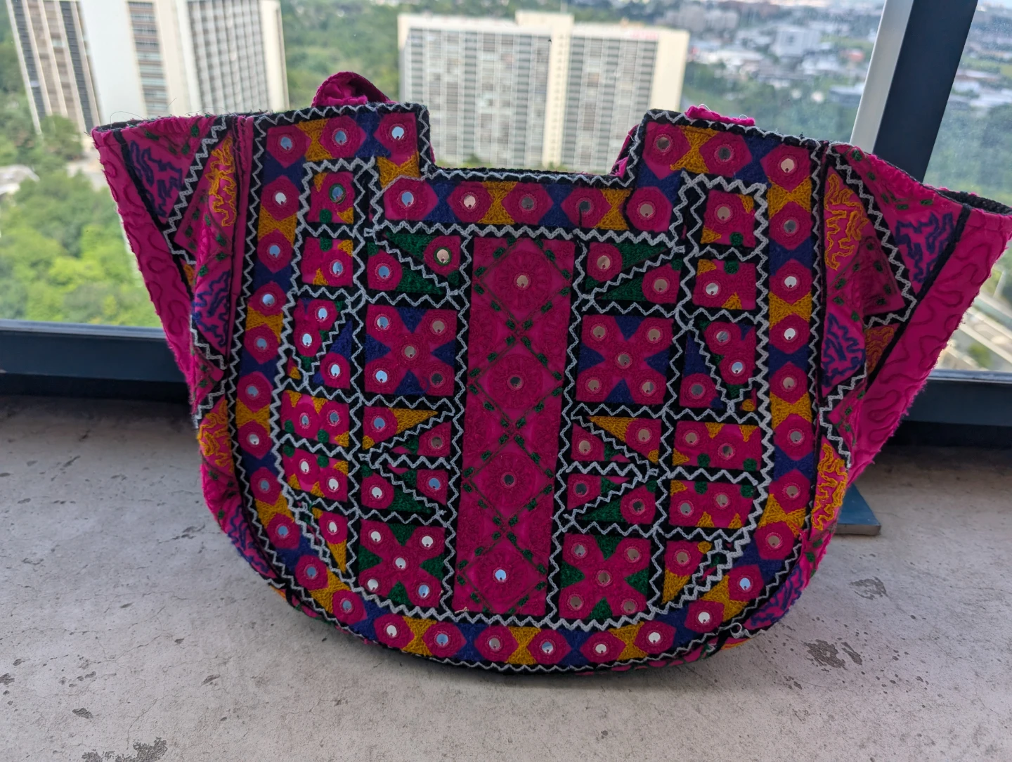 Embroidered Tote Bag with Mirror Accents