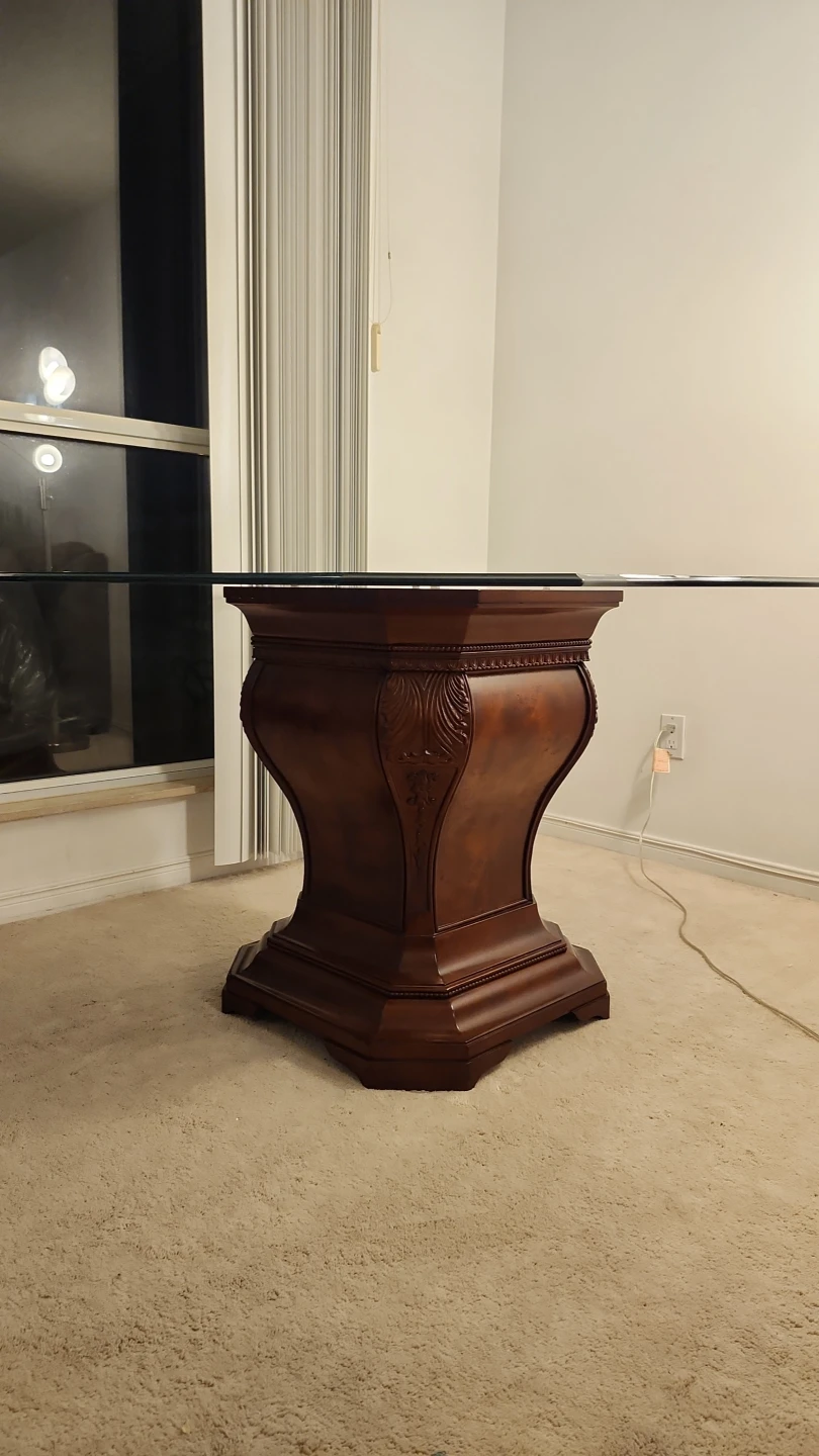 Glass Top Dining Table with Ornate Wooden Base - photo 2