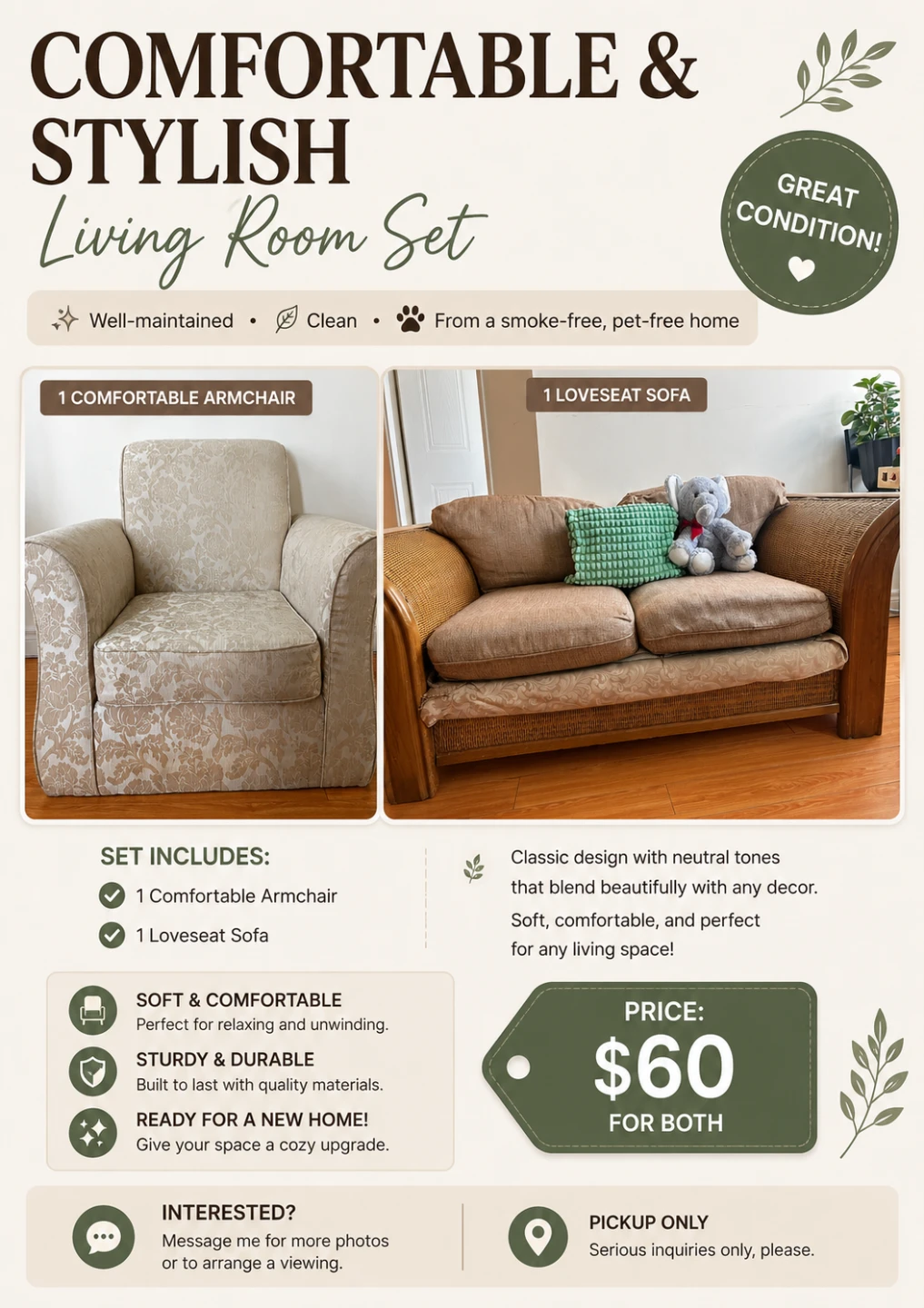 Comfortable Living Room Set - combo