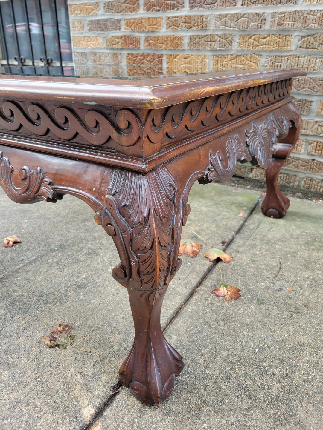 Vintage Ornate Wood Coffee Table with Glass Inset - photo 2