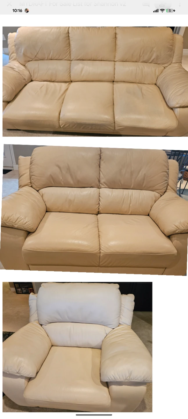 3-Piece Cream Leather Sofa Set (Sofa, Loveseat, Armchair)