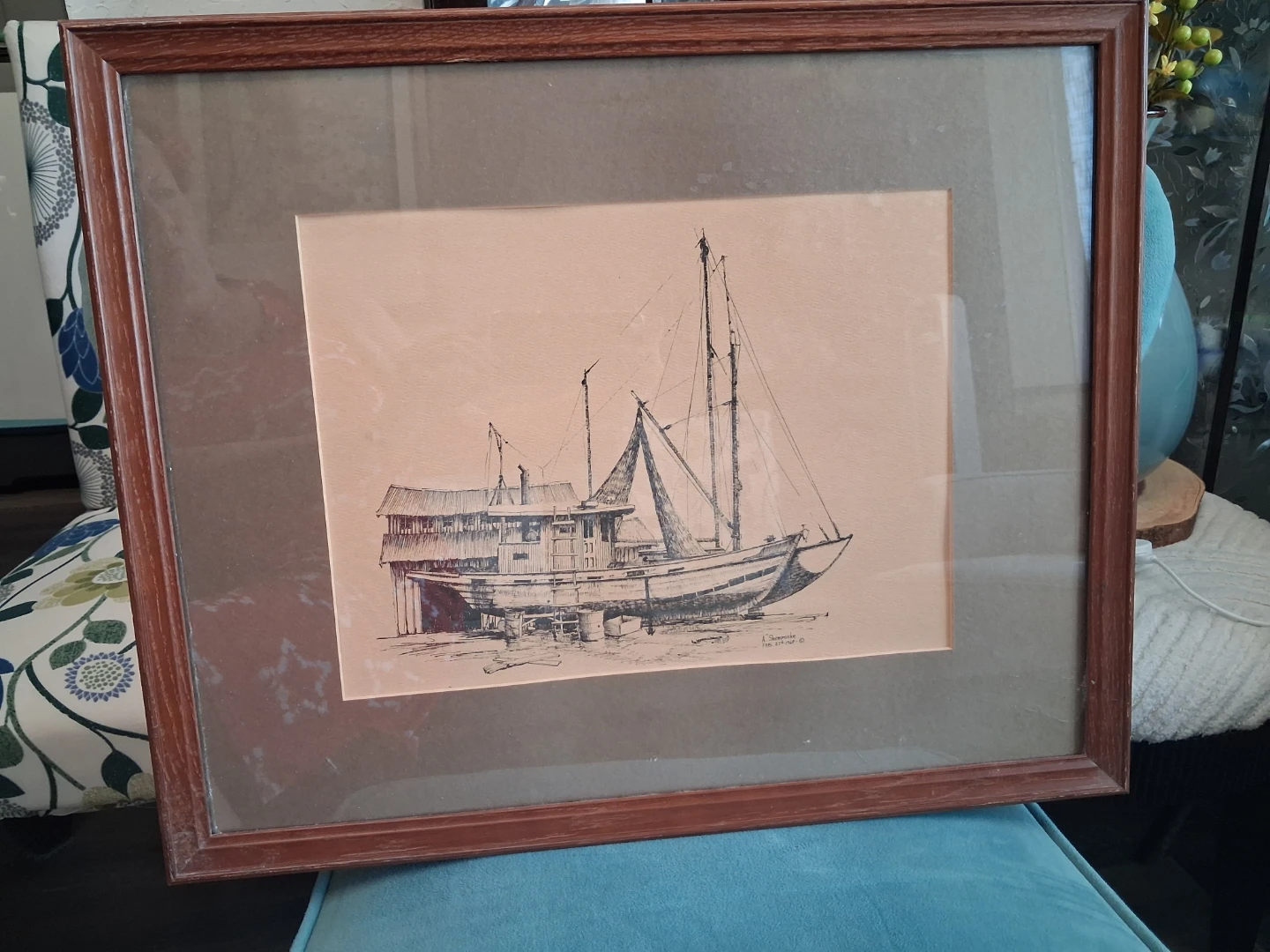 Framed "Boats at Dock" Sketch by A. Shemroske - Feb 1969 - photo 3