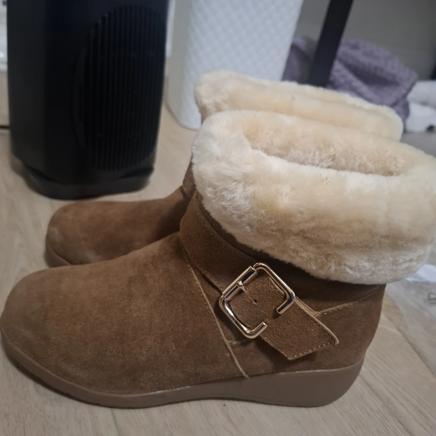Women's Brown Suede Boots with Faux Fur Trim