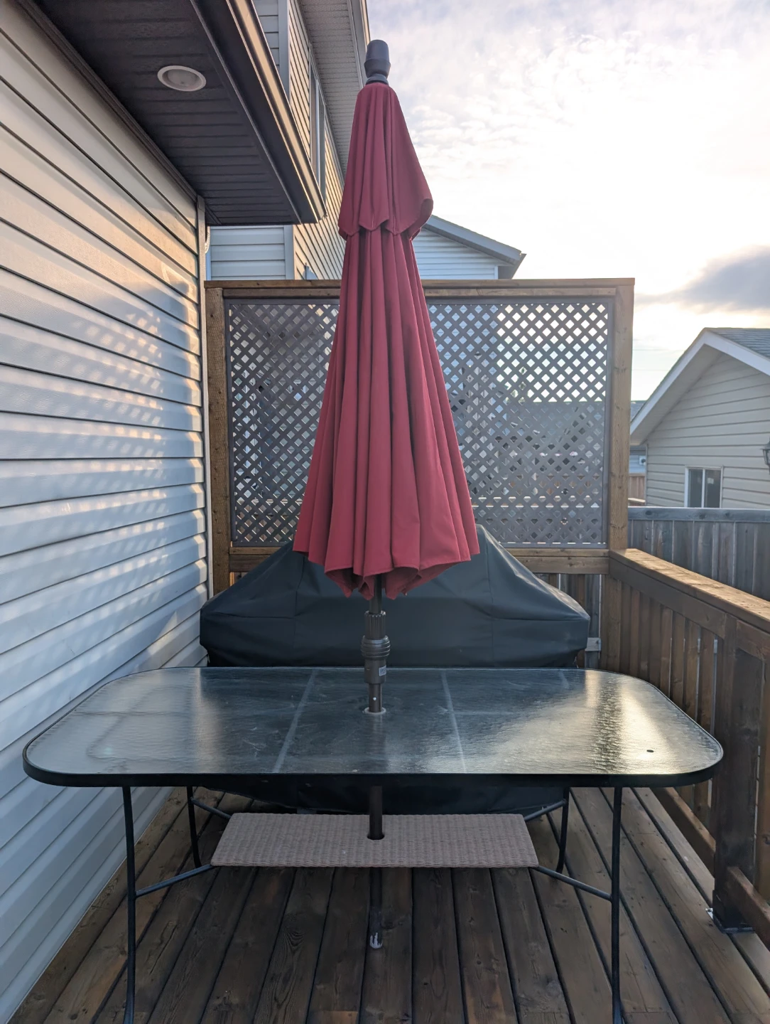 Patio Dining Set with Glass Table, Umbrella and Cushions - photo 2