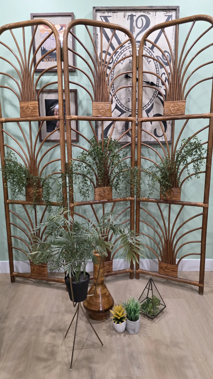 Faux plants, wood vase, vintage brass plant tripod stand - photo 5