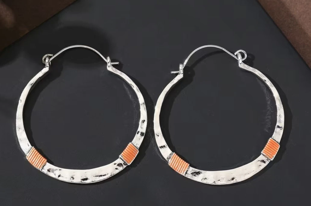 Hammered Hoop Earrings with Orange Accent