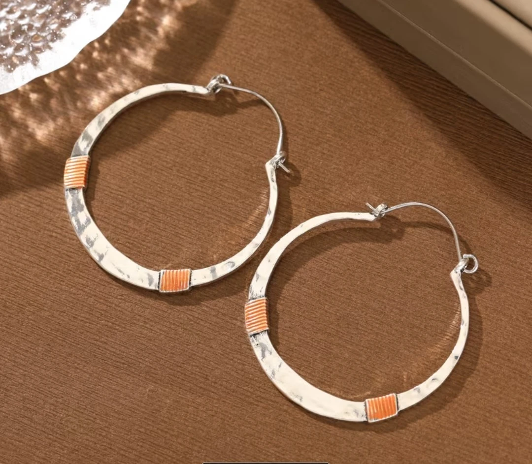 Hammered Hoop Earrings with Orange Accent - photo 3