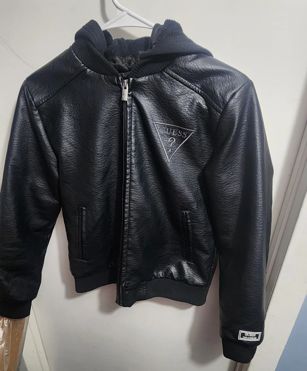 GUESS Black Faux Leather Hooded Jacket