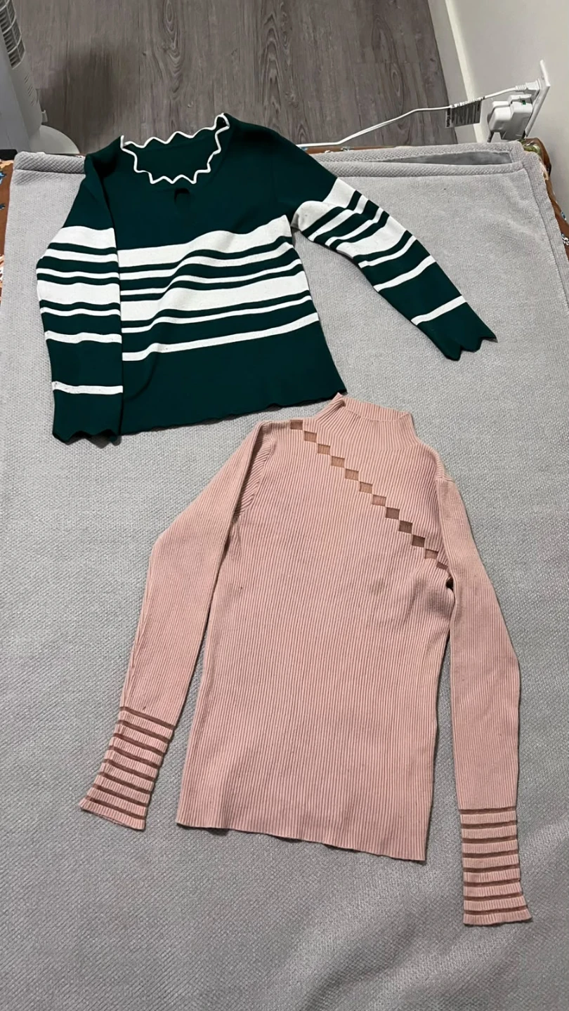 Green and White Striped Sweater & Pink Ribbed Top